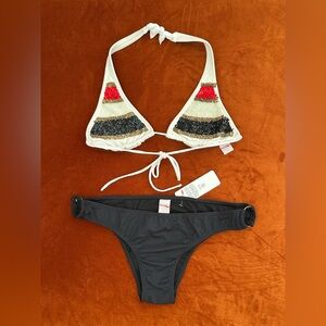Beautiful New Italian Beaded Triangle Top Black O Ring bottom Bikini Set Large